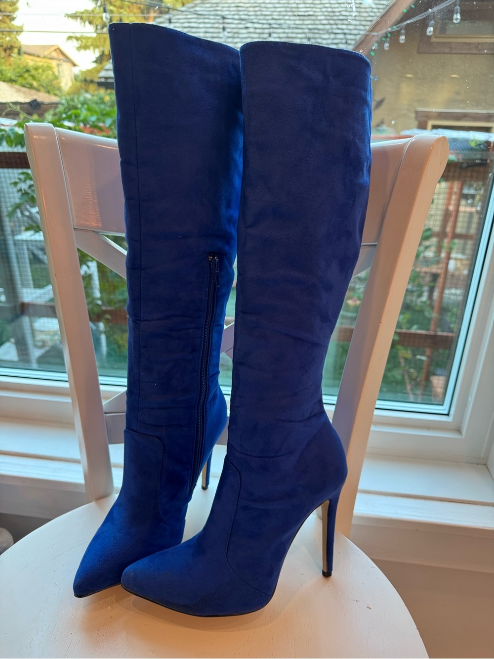 LOSLANDIFEN Cobalt Blue Knee UltraHigh Stiletto Boots. Micro suede SZ 8 -8.5(39)